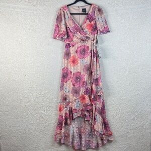NWT Nightway Womens Pink Floral Printed Faux Wrap High Low Ruffled Dress Size 4